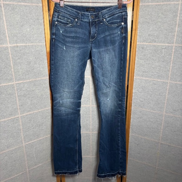 Silver Jeans Tuesday Slim Boot Womens W29/L33 Mid Rise Dark‎ Wash Fringe Bottom - Picture 1 of 7